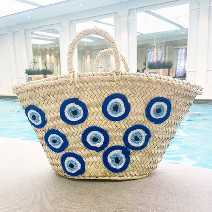 Handmade Moroccan Basket with Blue Evil Eyes