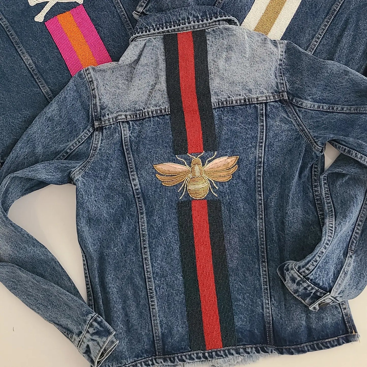 3D Bee & Navy/ Red Stripe Denim Jacket