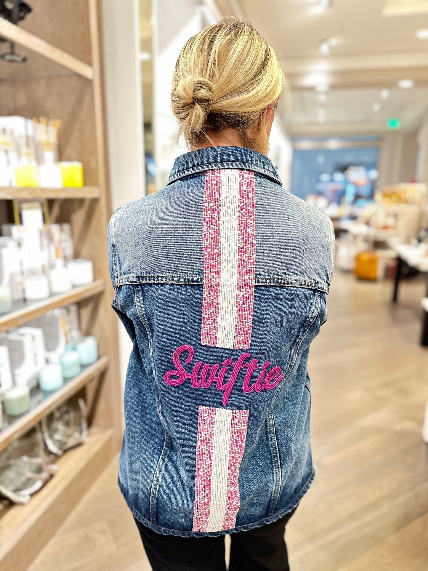 Swiftie Denim Jacket  W/ Pink & White Stripe