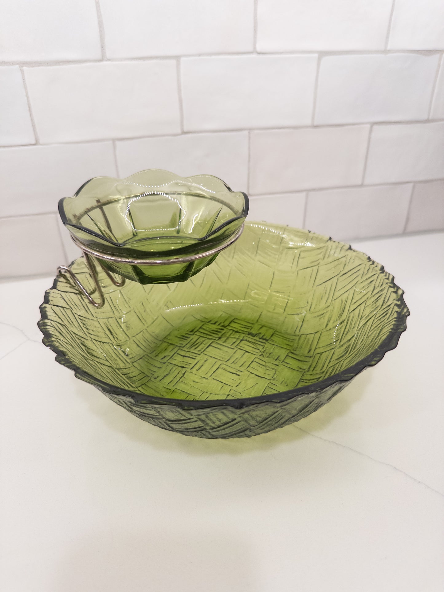 Vintage Indiana Avocado Green Basketweave Chip and Dip Set