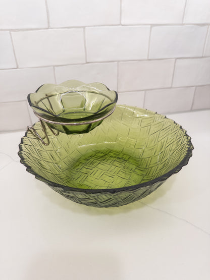 Vintage Indiana Avocado Green Basketweave Chip and Dip Set