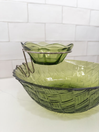 Vintage Indiana Avocado Green Basketweave Chip and Dip Set