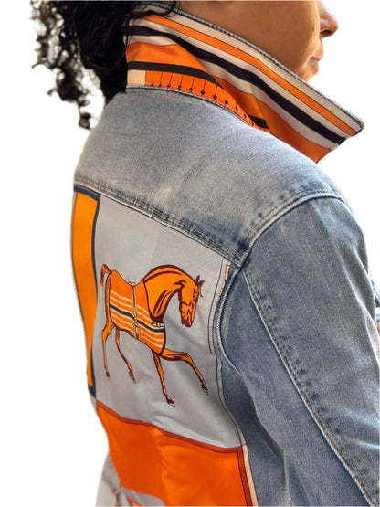 White Denim Jacket / Light Blue with Orange Horse