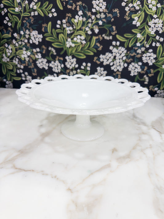 Vintage Milk Glass Lace Scalloped Edge Compote