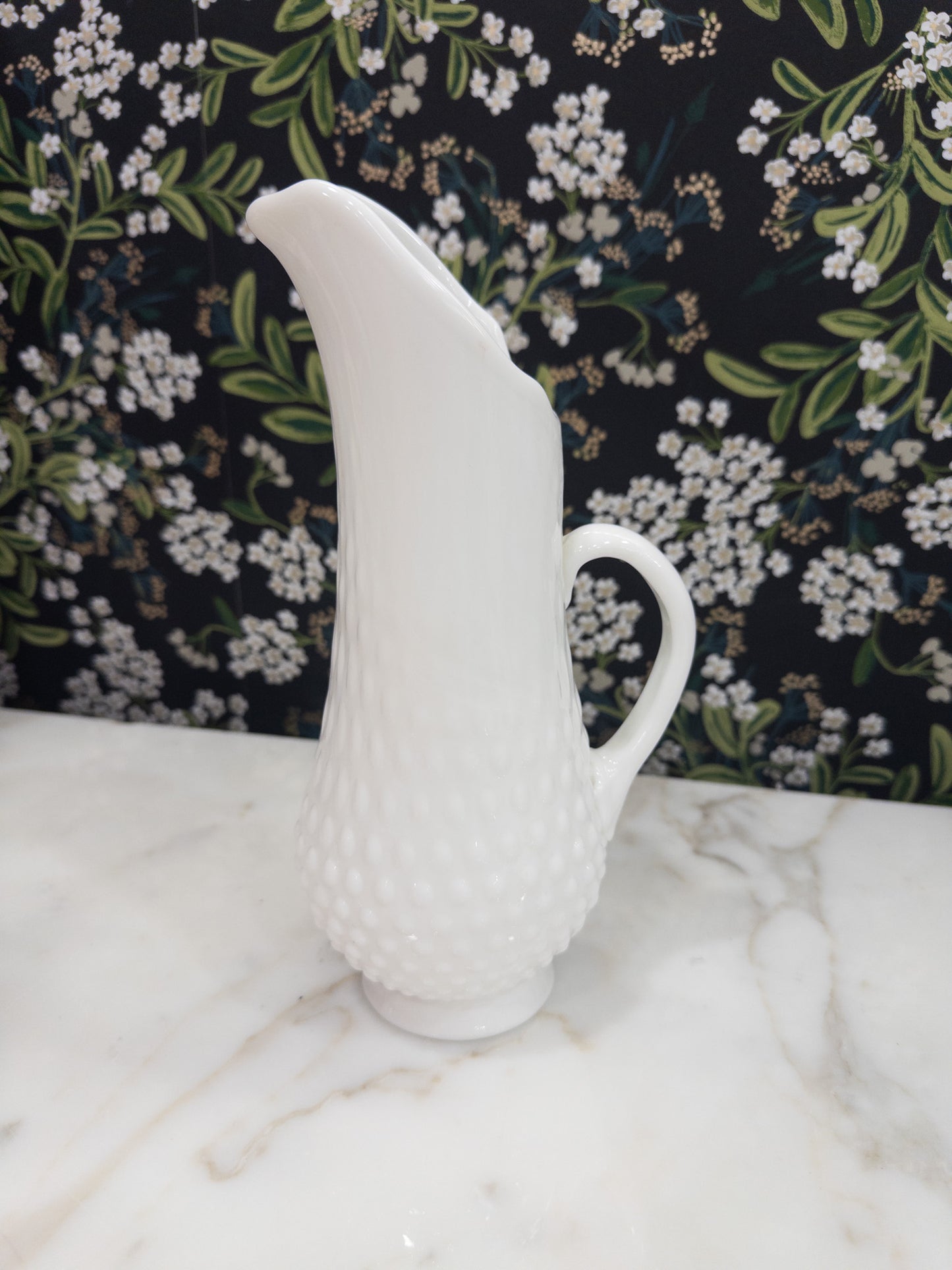 Vintage Fenton Hobnail Milk Glass Pitcher w/ C-Shaped Handle