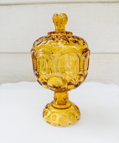 Vintage L.E. Smith Moon and Stars Amber Glass Compote w/ Lid