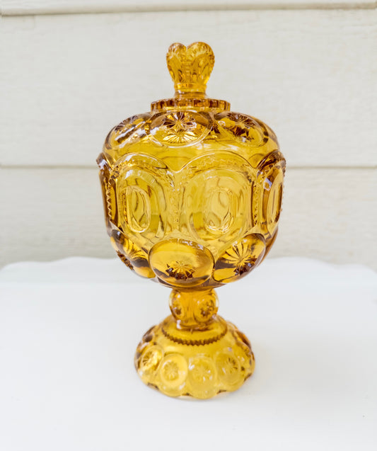 Vintage L.E. Smith Moon and Stars Amber Glass Compote w/ Lid