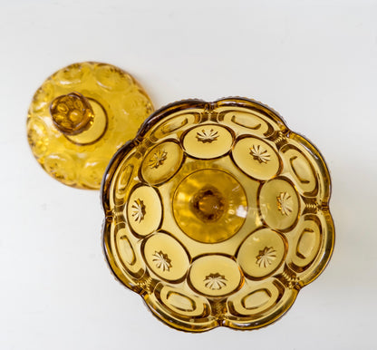 Vintage L.E. Smith Moon and Stars Amber Glass Compote w/ Lid