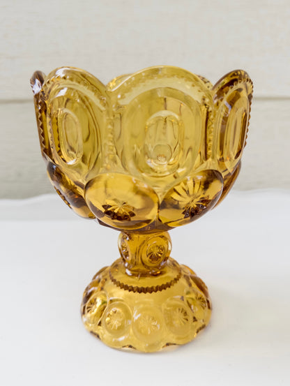 Vintage L.E. Smith Moon and Stars Amber Glass Compote w/ Lid