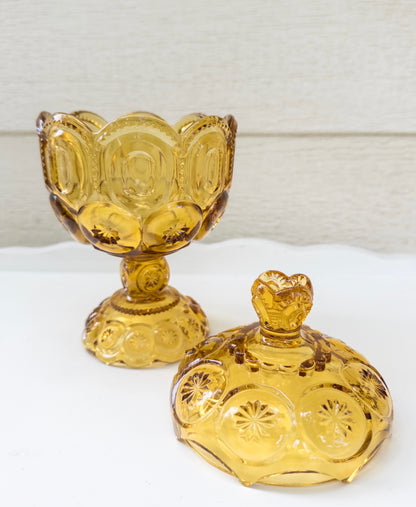 Vintage L.E. Smith Moon and Stars Amber Glass Compote w/ Lid