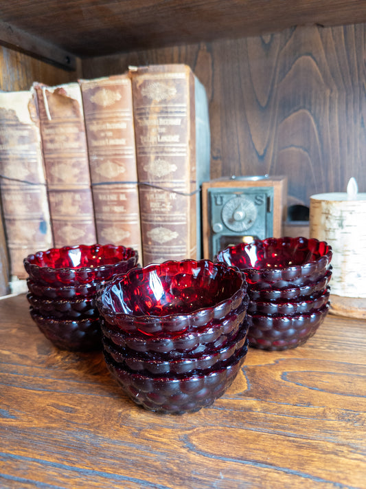S/12 Vintage Anchor Hocking Ruby Red Bubble Pattern Bowls