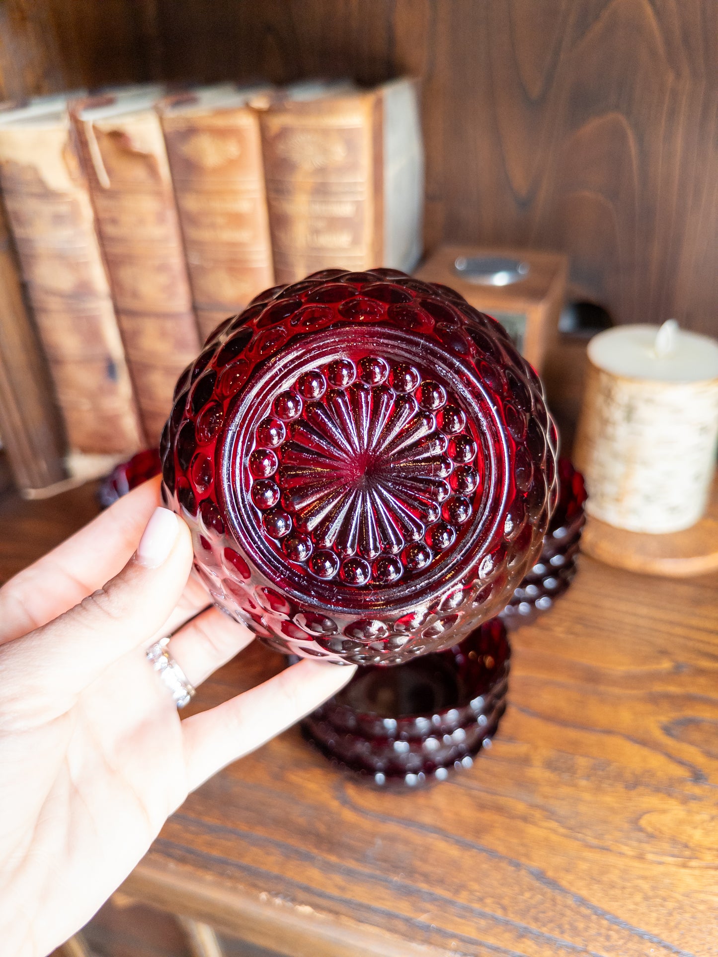 S/12 Vintage Anchor Hocking Ruby Red Bubble Pattern Bowls