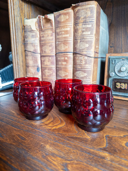 S/4 Vintage Anchor Hocking Ruby Red Bubble Pattern Glass Short Tumblers