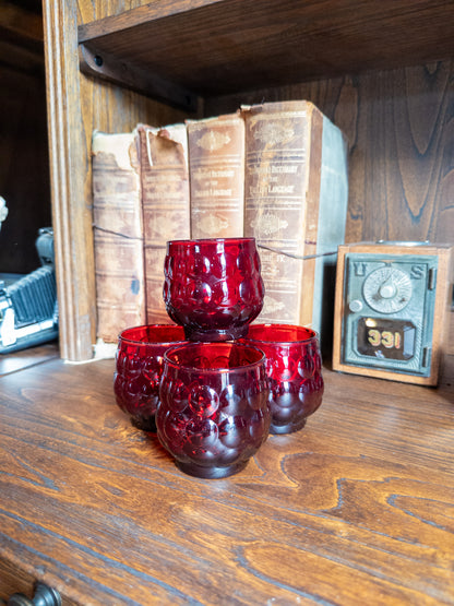 S/4 Vintage Anchor Hocking Ruby Red Bubble Pattern Glass Short Tumblers