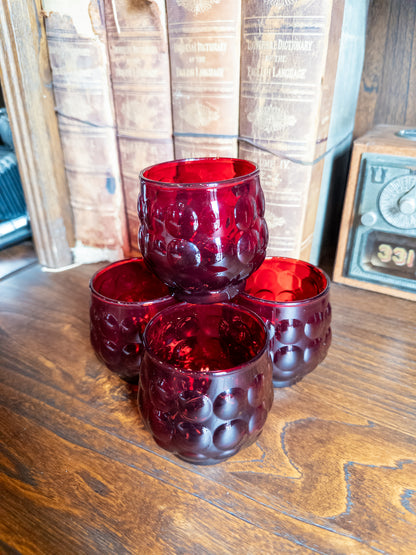 S/4 Vintage Anchor Hocking Ruby Red Bubble Pattern Glass Short Tumblers