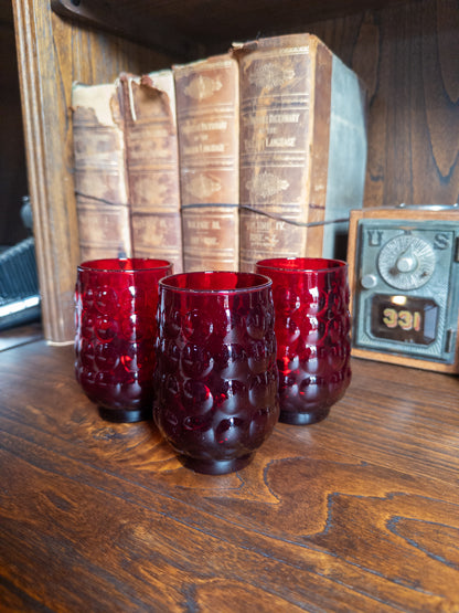 S/3 Vintage Anchor Hocking Ruby Red Bubble Pattern Glass Tall Tumblers