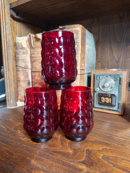 S/3 Vintage Anchor Hocking Ruby Red Bubble Pattern Glass Tall Tumblers