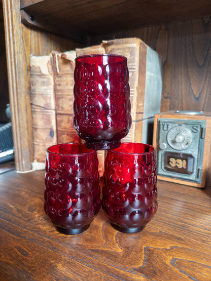 S/3 Vintage Anchor Hocking Ruby Red Bubble Pattern Glass Tall Tumblers