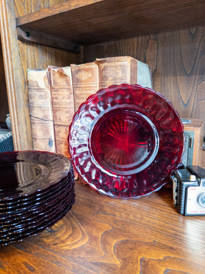 S/12 Vintage Anchor Hocking Ruby Red Bubble Dinner Plates with Scalloped Edges