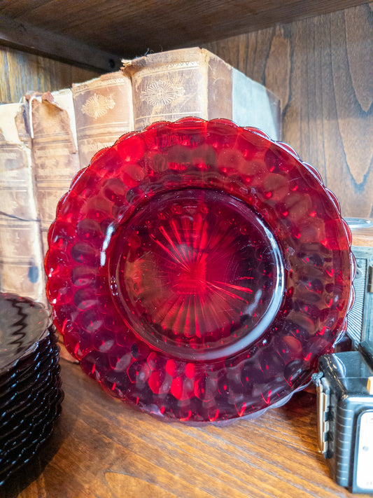 S/12 Vintage Anchor Hocking Ruby Red Bubble Dinner Plates with Scalloped Edges