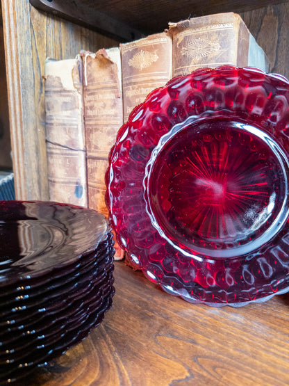 S/12 Vintage Anchor Hocking Ruby Red Bubble Dinner Plates with Scalloped Edges