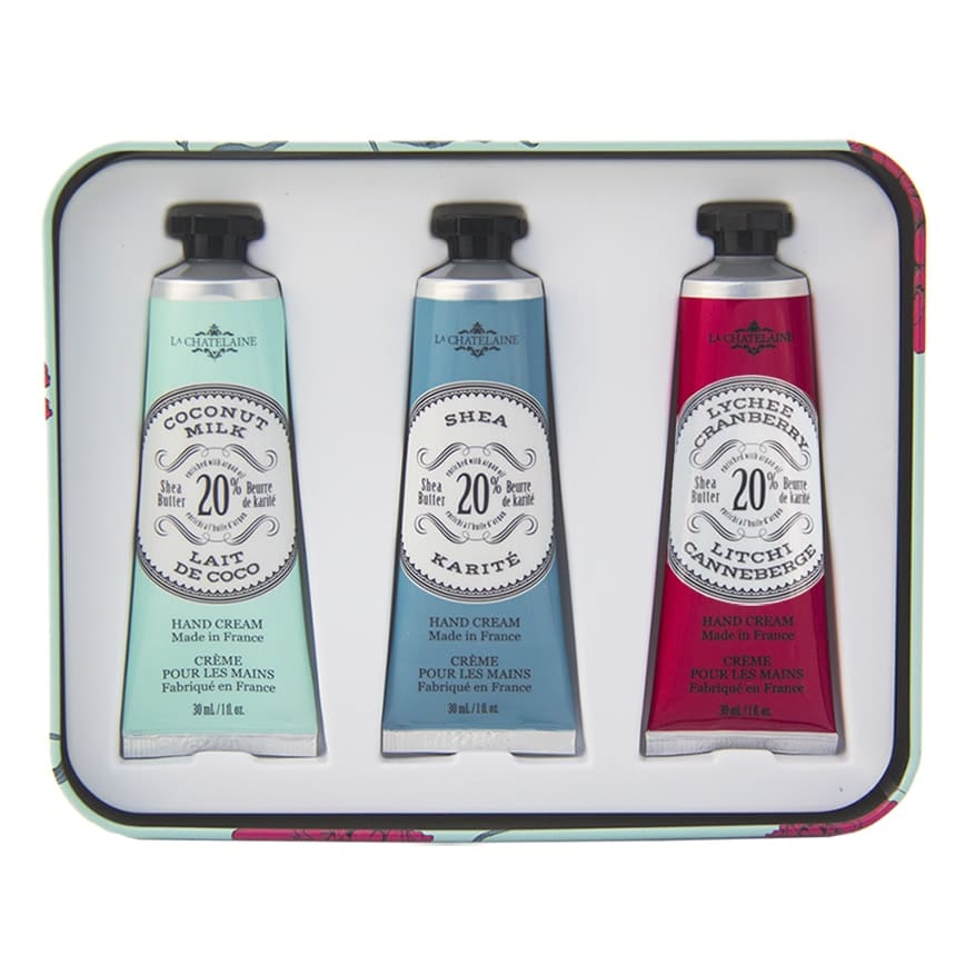 La Chatelaine Hand Cream Trio Aqua Tin (Coconut Milk, Shea, Cranberry)