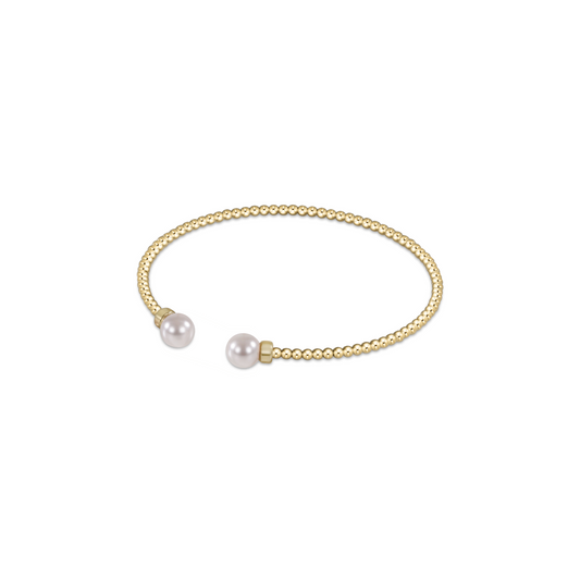 enewton Classic Gold 2mm Bead Cuff in Pearl, dainty gold beaded cuff bracelet with pearl ends on a white background