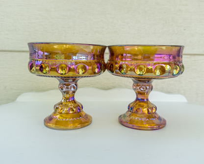 Vintage Marigold Carnival Glass King's Crown Compote, Set of 2