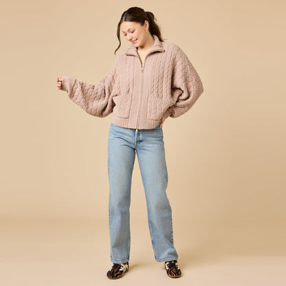Softies Cable Knit Marshmallow Funnel Neck Double Zip Jacket in Coco