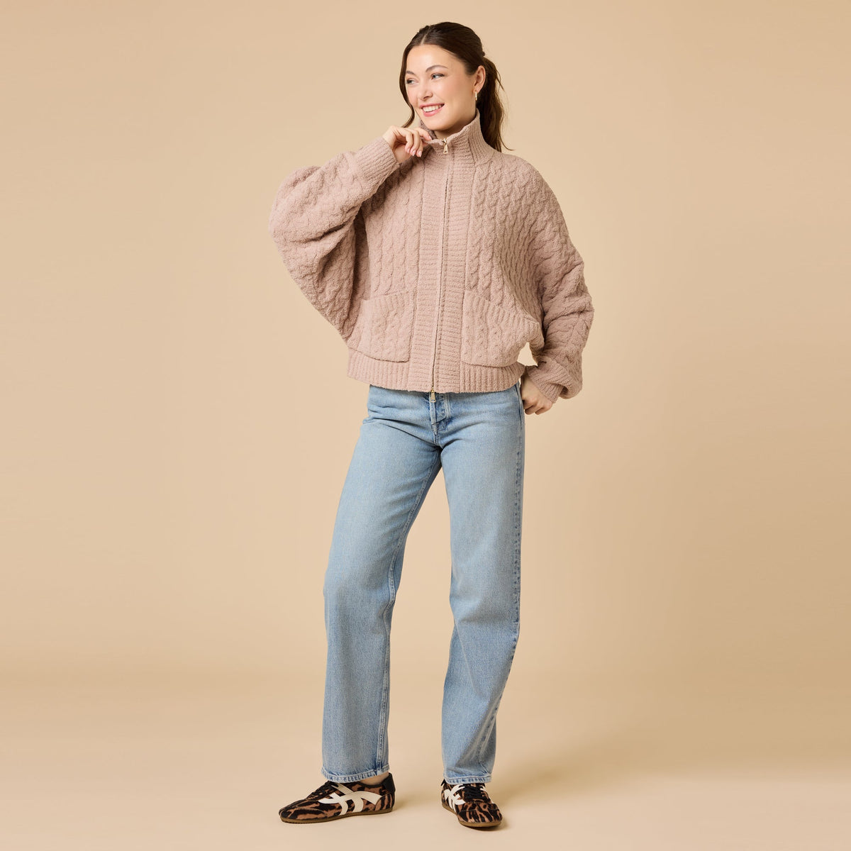 Softies Cable Knit Marshmallow Funnel Neck Double Zip Jacket in Coco