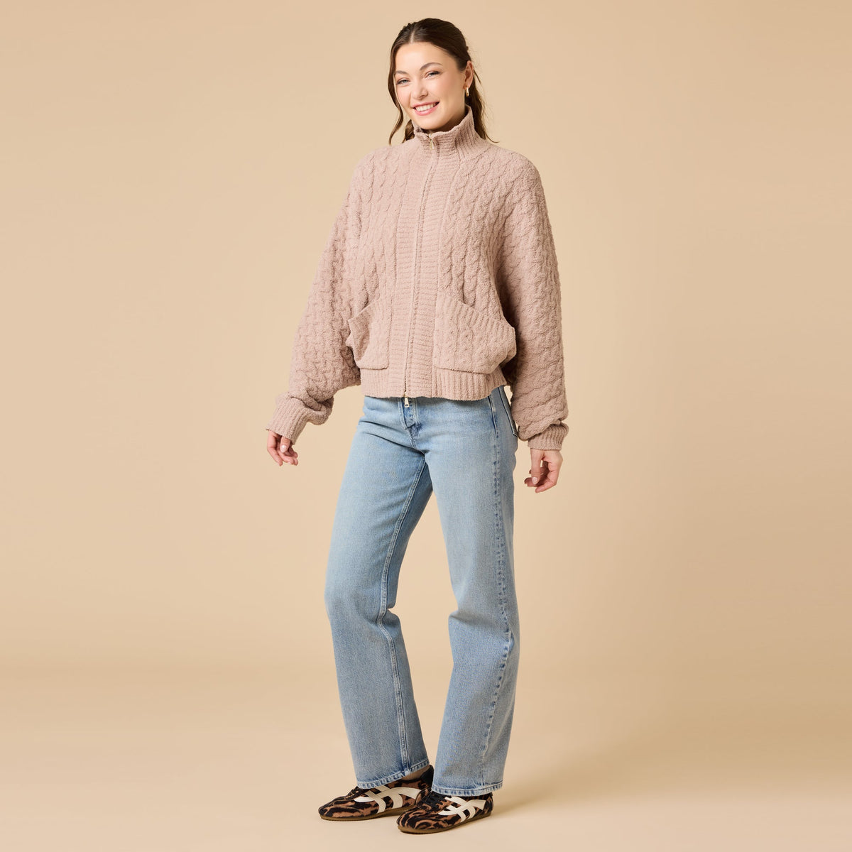 Softies Cable Knit Marshmallow Funnel Neck Double Zip Jacket in Coco