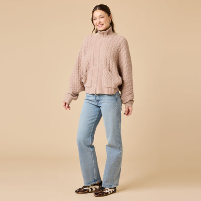 Softies Cable Knit Marshmallow Funnel Neck Double Zip Jacket in Coco
