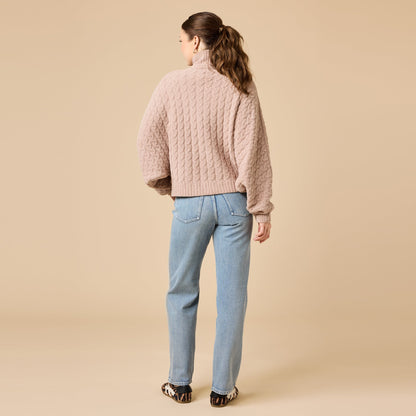 Softies Cable Knit Marshmallow Funnel Neck Double Zip Jacket in Coco
