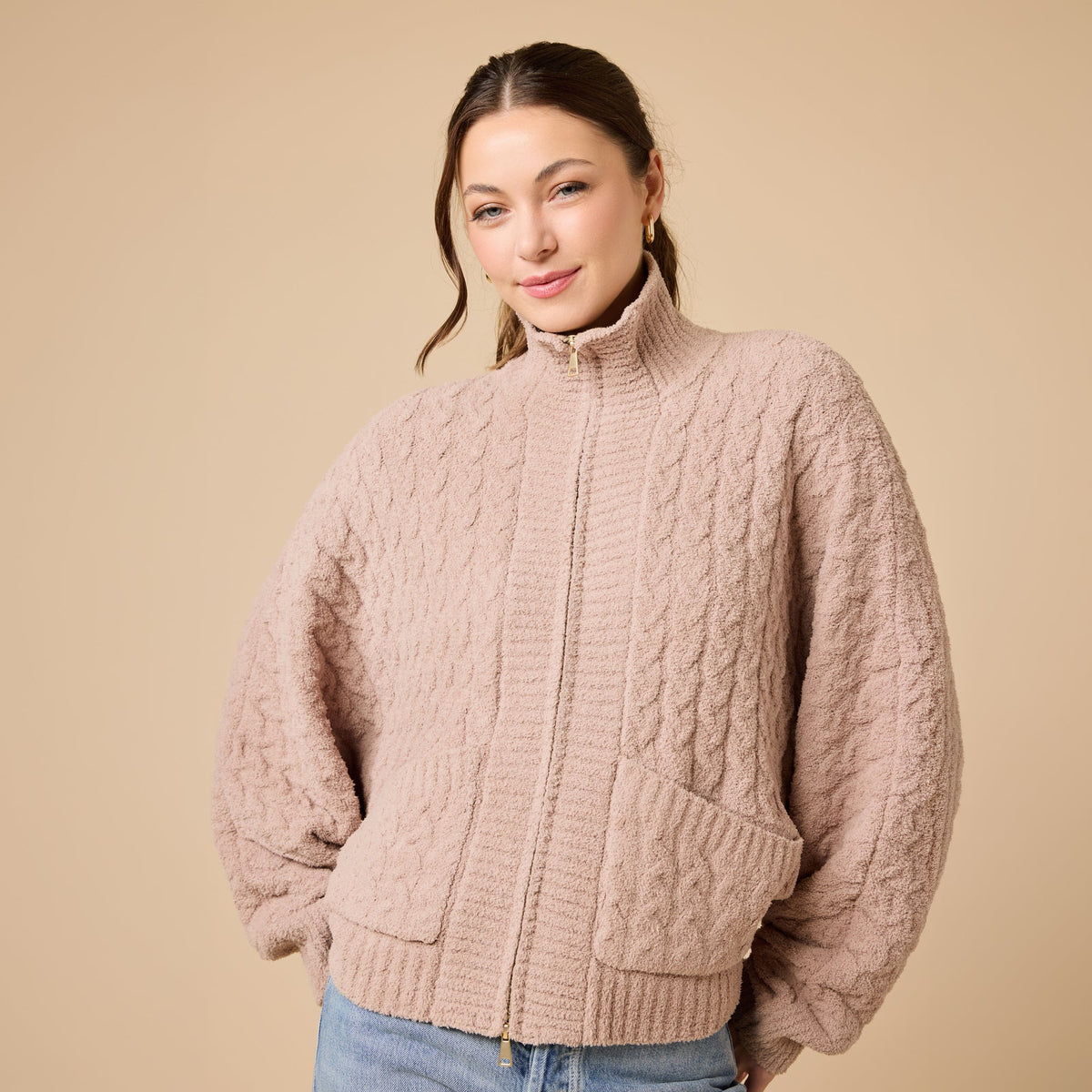 Softies Cable Knit Marshmallow Funnel Neck Double Zip Jacket in Coco