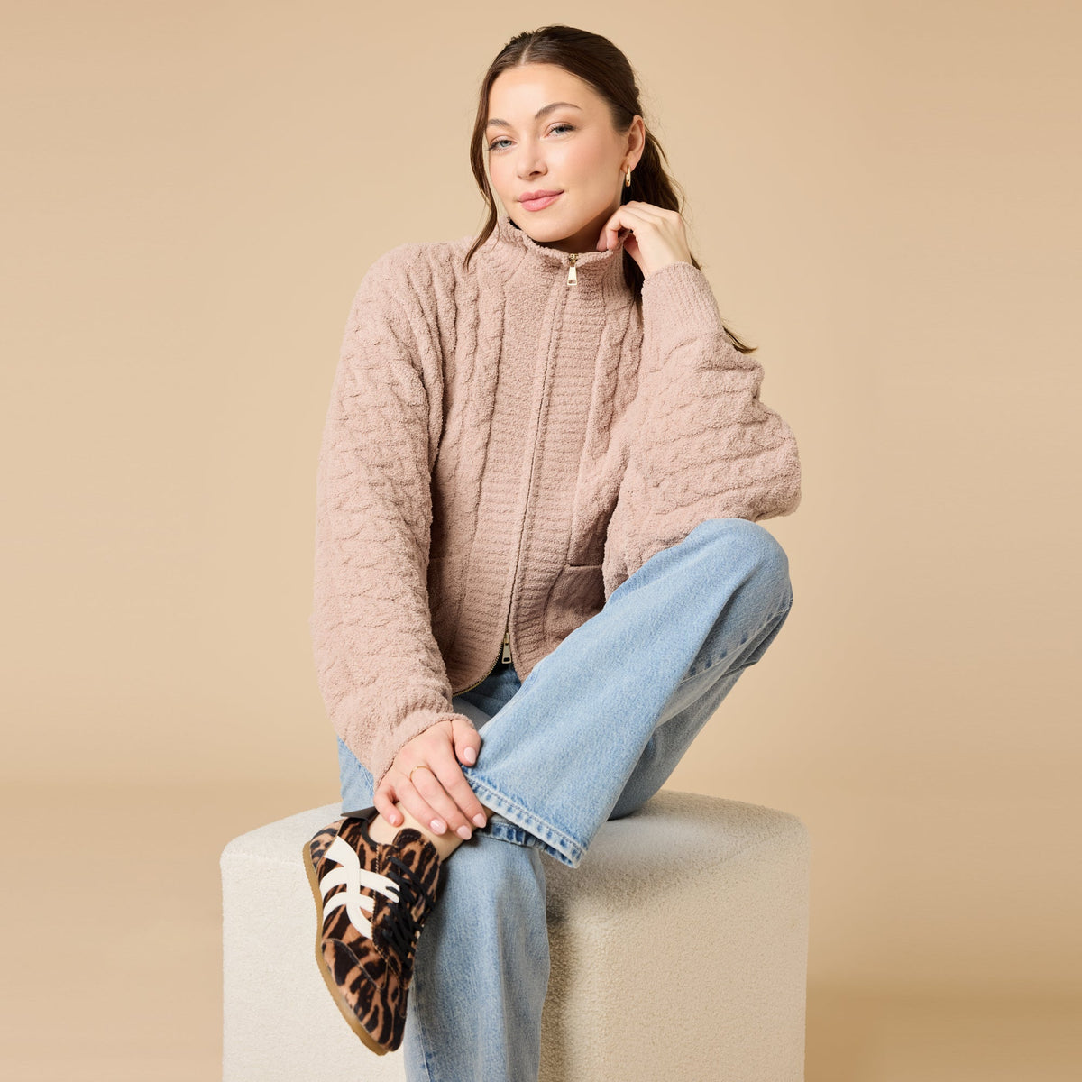 Softies Cable Knit Marshmallow Funnel Neck Double Zip Jacket in Coco