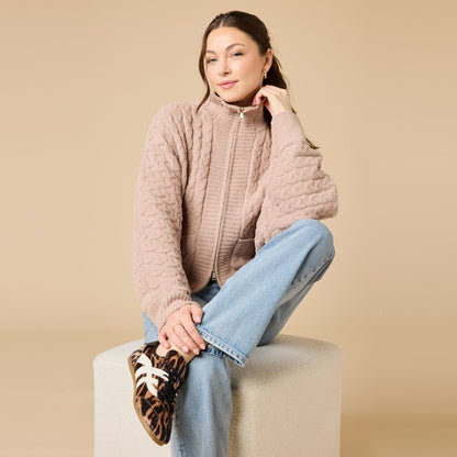 Softies Cable Knit Marshmallow Funnel Neck Double Zip Jacket in Coco