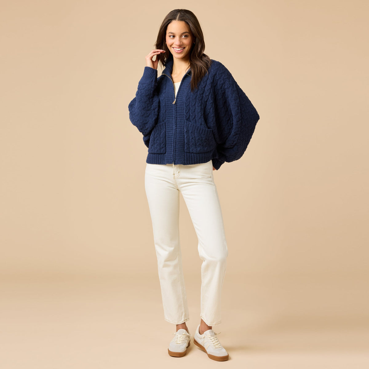 Softies Cable Knit Marshmallow Funnel Neck Double Zip Jacket in Midnight