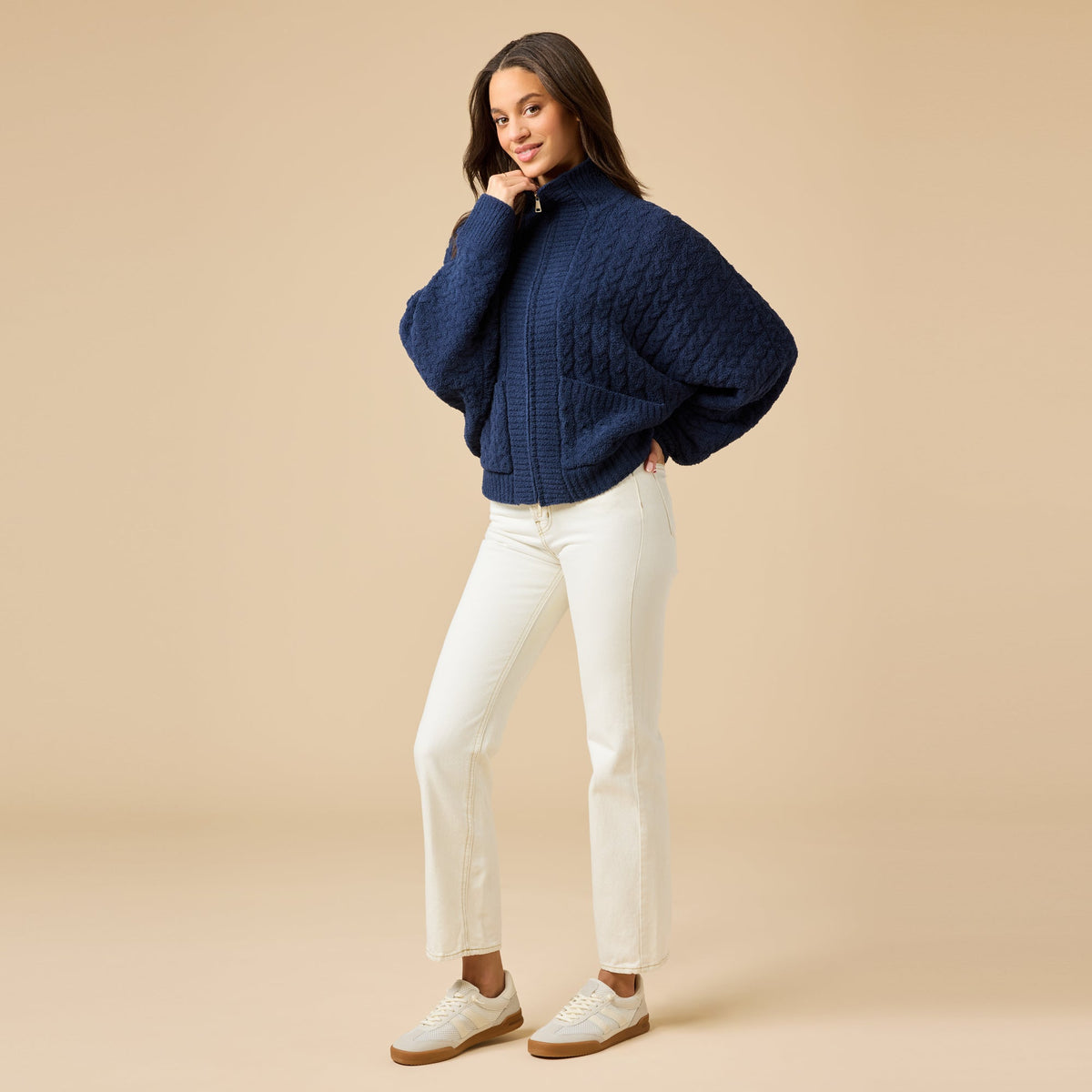 Softies Cable Knit Marshmallow Funnel Neck Double Zip Jacket in Midnight