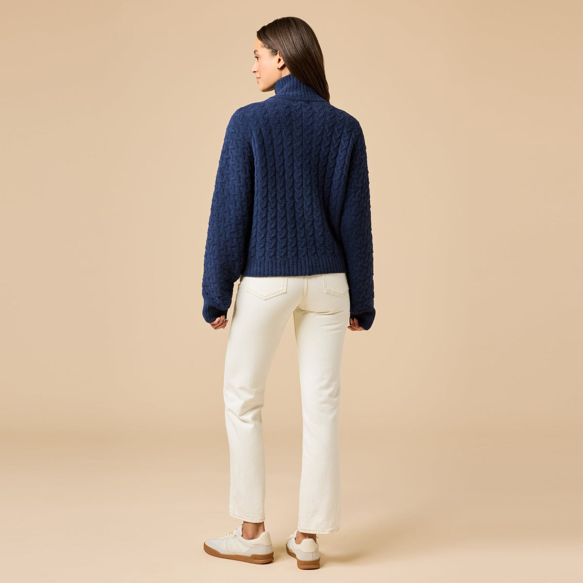 Softies Cable Knit Marshmallow Funnel Neck Double Zip Jacket in Midnight