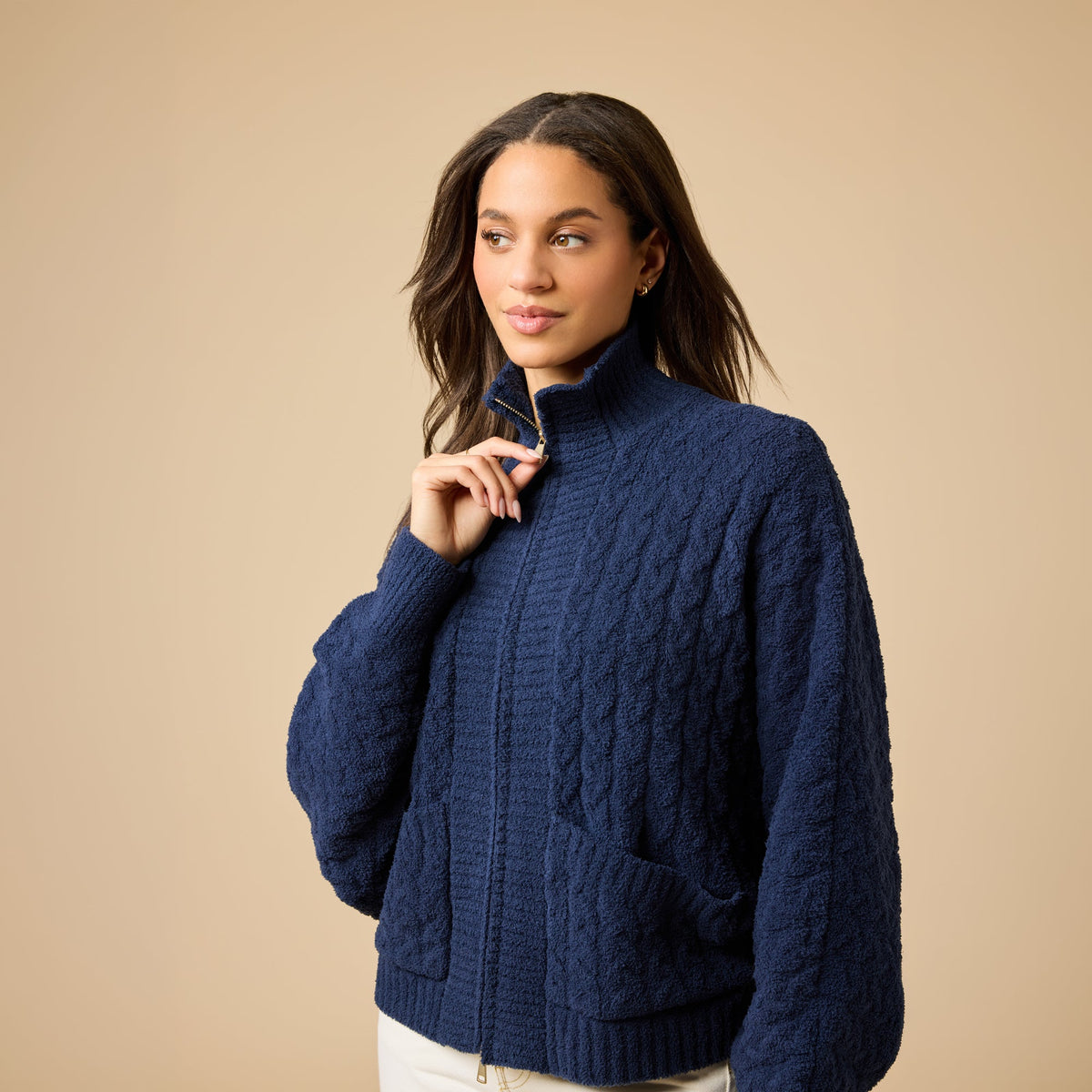 Softies Cable Knit Marshmallow Funnel Neck Double Zip Jacket in Midnight