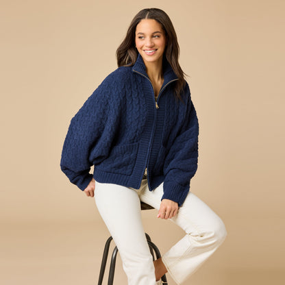 Softies Cable Knit Marshmallow Funnel Neck Double Zip Jacket in Midnight