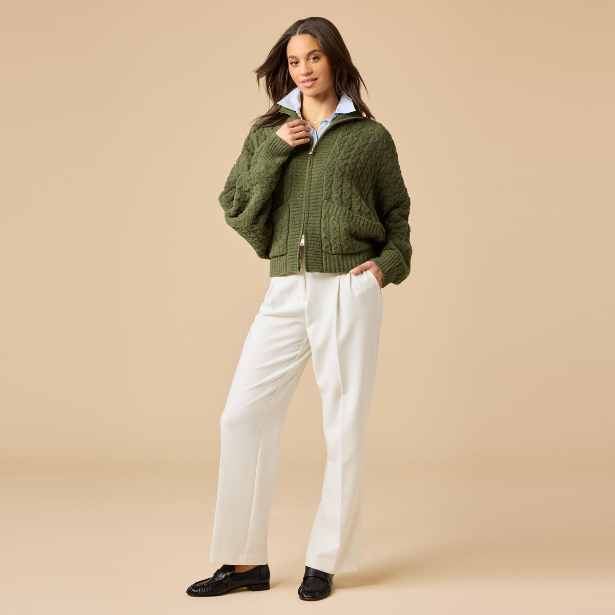 Softies Cable Knit Marshmallow Funnel Neck Double Zip Jacket in Olive