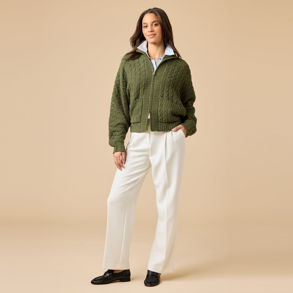 Softies Cable Knit Marshmallow Funnel Neck Double Zip Jacket in Olive