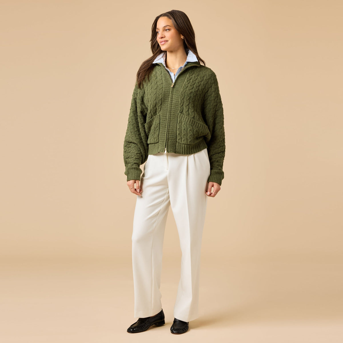 Softies Cable Knit Marshmallow Funnel Neck Double Zip Jacket in Olive
