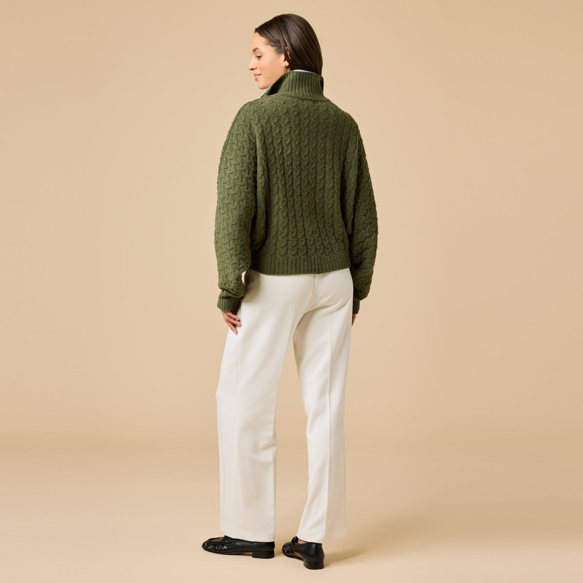 Softies Cable Knit Marshmallow Funnel Neck Double Zip Jacket in Olive