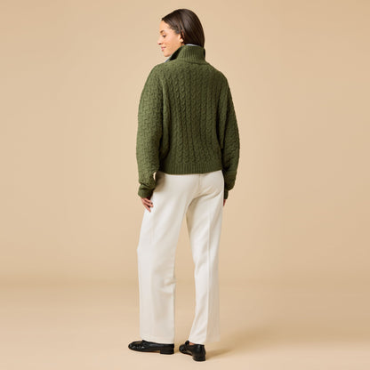 Softies Cable Knit Marshmallow Funnel Neck Double Zip Jacket in Olive