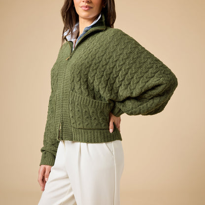 Softies Cable Knit Marshmallow Funnel Neck Double Zip Jacket in Olive