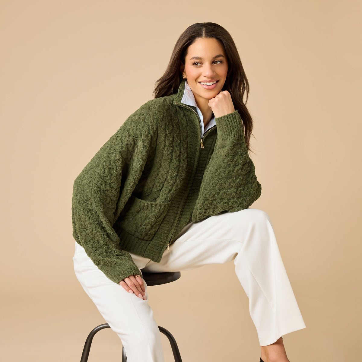 Softies Cable Knit Marshmallow Funnel Neck Double Zip Jacket in Olive