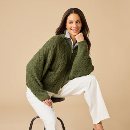 Softies Cable Knit Marshmallow Funnel Neck Double Zip Jacket in Olive