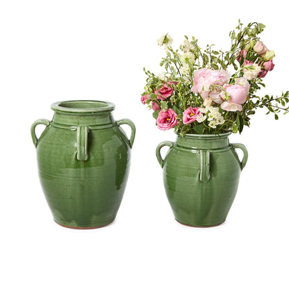 Mediterranean Four Handled Vintage Style Green Glazed Olive Jar (*Two Sizes*)